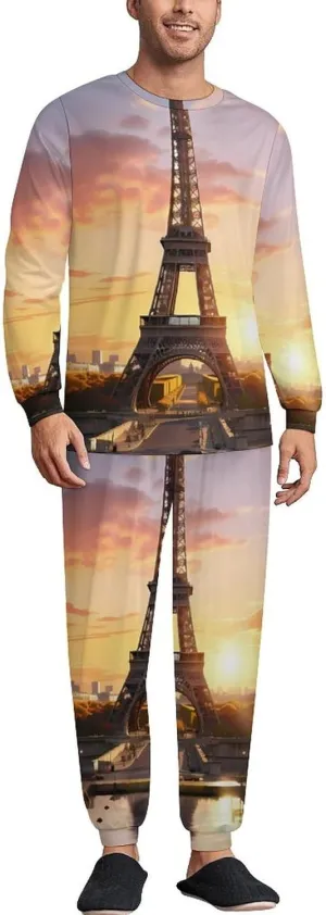 Eiffel Tower Mens Pajamas Set Long Sleeve Sleepwear Set Soft Underwear Set Loungewear