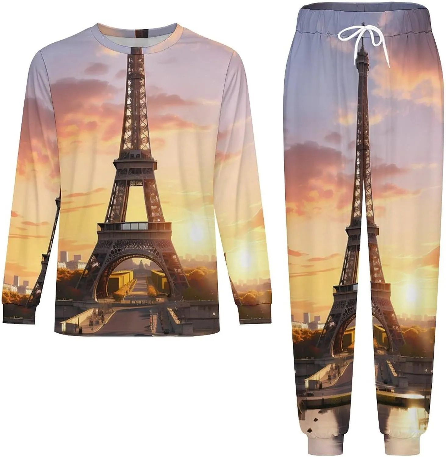 Eiffel Tower Mens Pajamas Set Long Sleeve Sleepwear Set Soft Underwear Set Loungewear