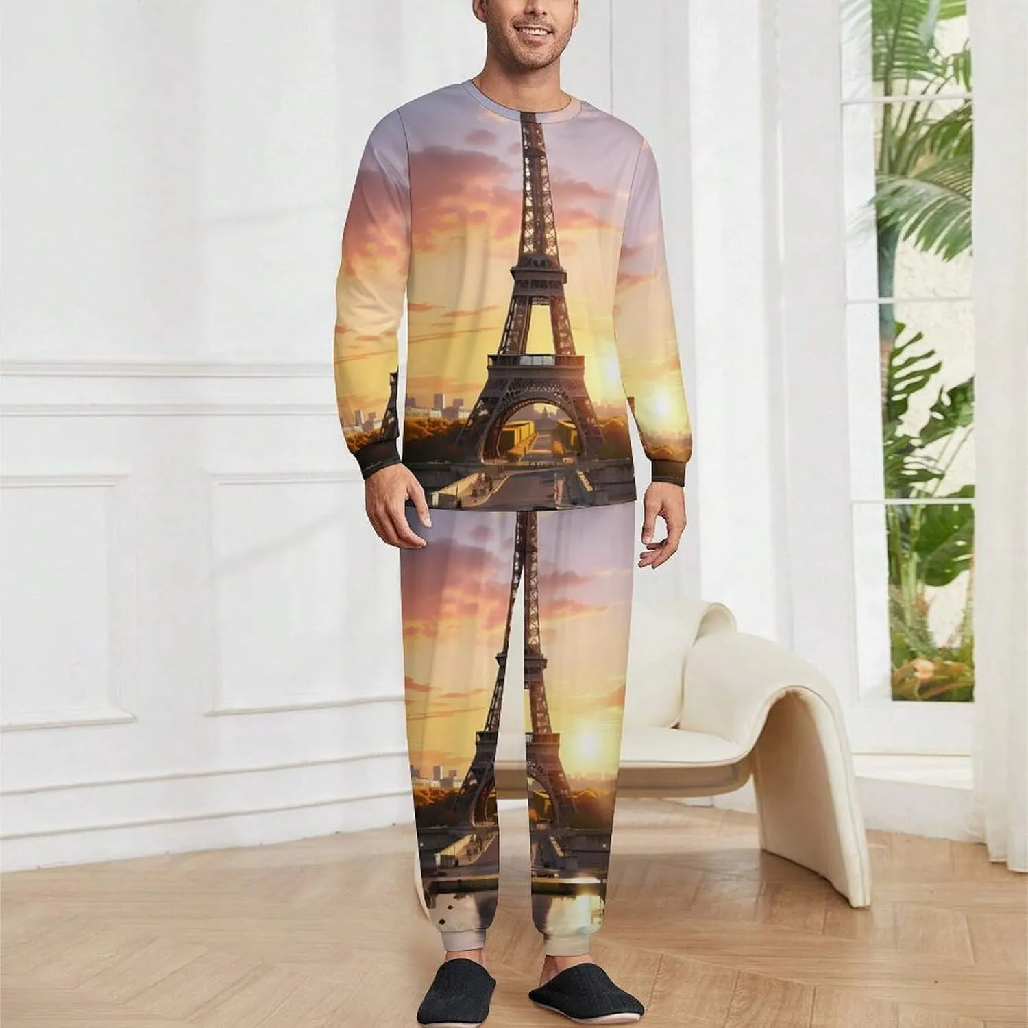 Eiffel Tower Mens Pajamas Set Long Sleeve Sleepwear Set Soft Underwear Set Loungewear