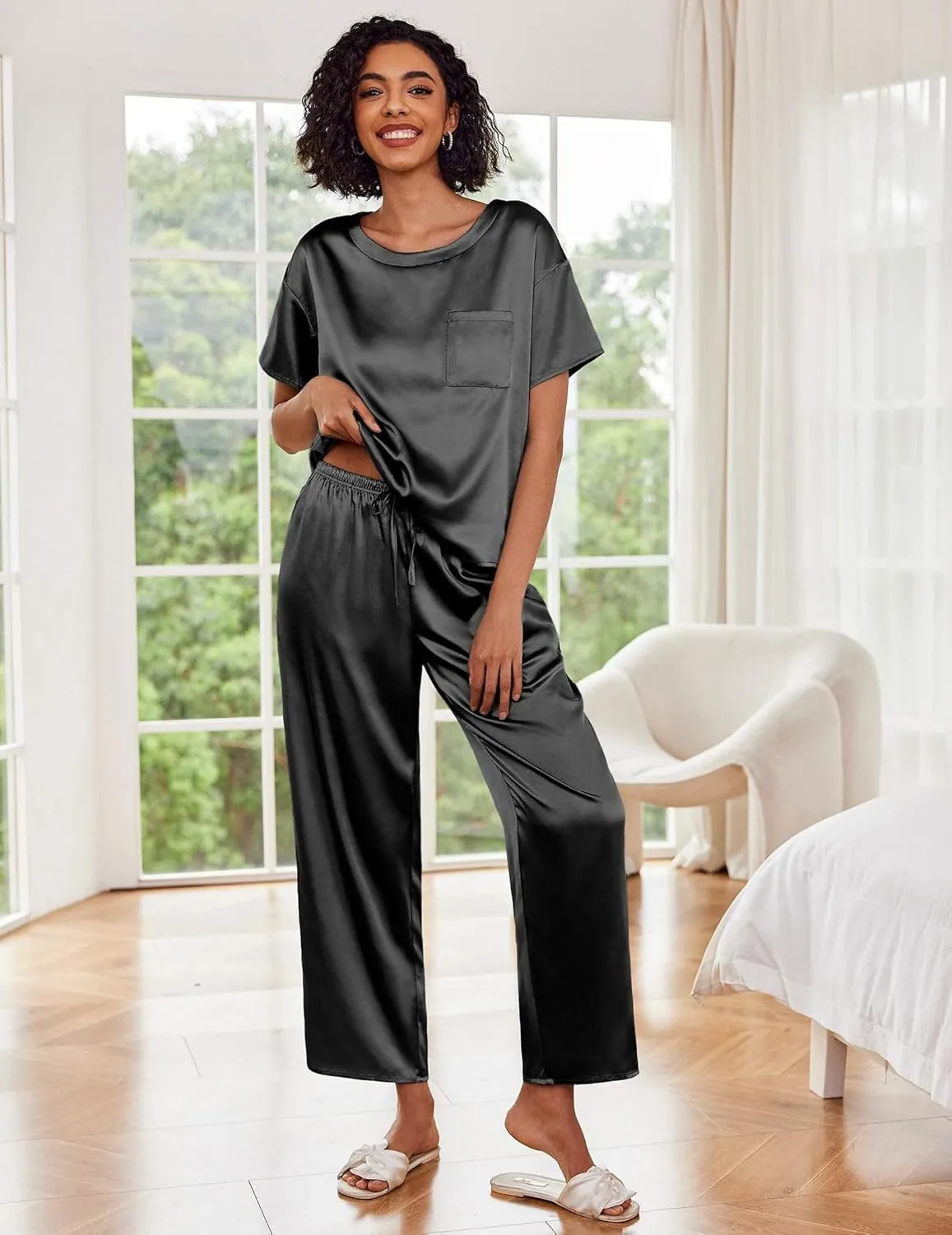 Ekouaer Womens Silk Pajamas Set Print Satin PJs Set Two Piece Pj Sets Sleepwear Loungewear Short Sleeve Lounge Set