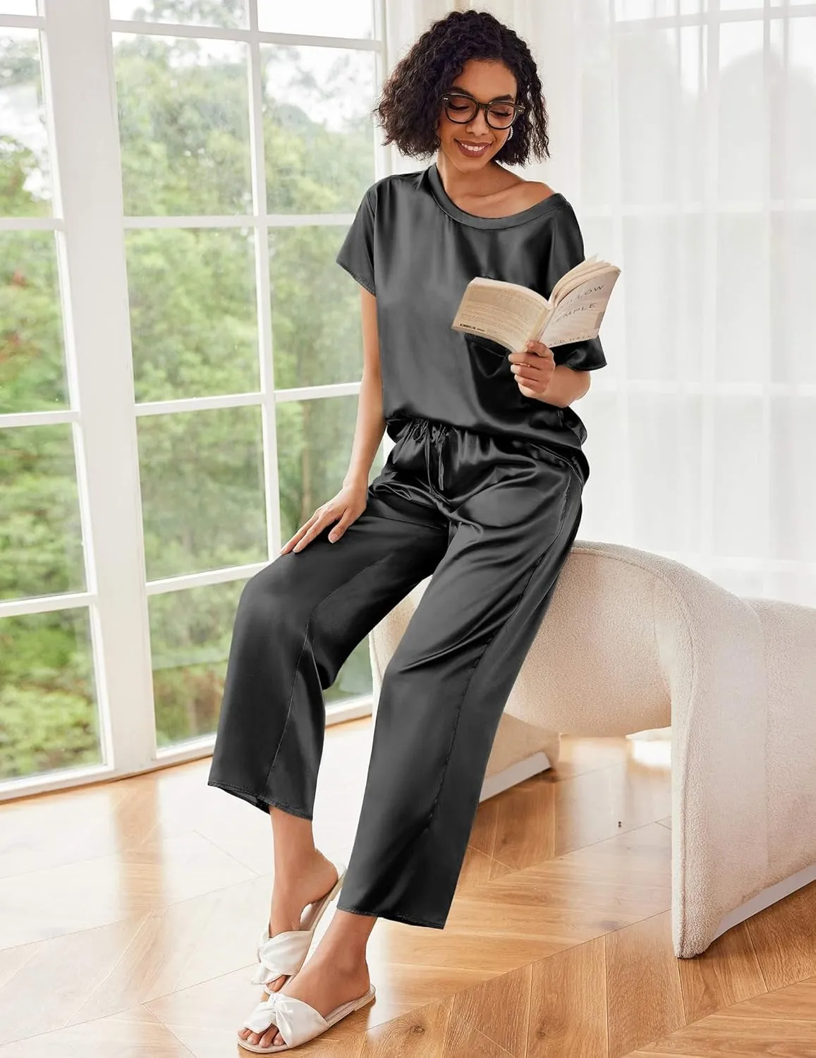 Ekouaer Womens Silk Pajamas Set Print Satin PJs Set Two Piece Pj Sets Sleepwear Loungewear Short Sleeve Lounge Set