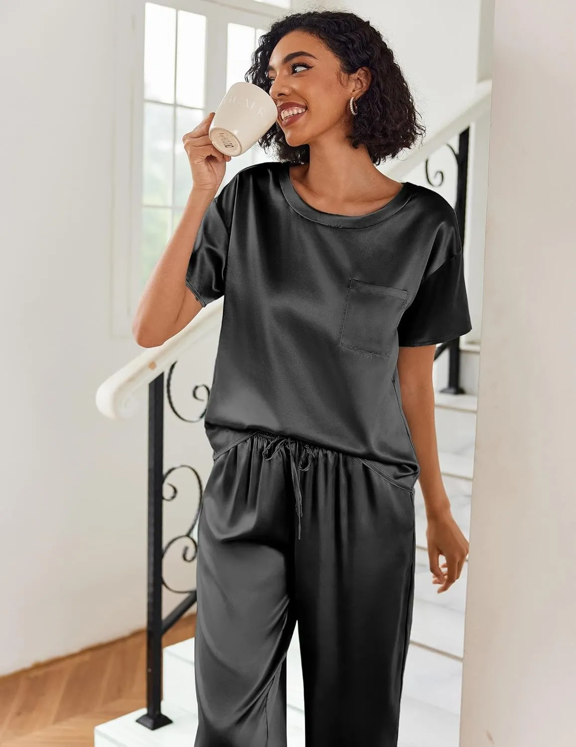 Ekouaer Womens Silk Pajamas Set Print Satin PJs Set Two Piece Pj Sets Sleepwear Loungewear Short Sleeve Lounge Set