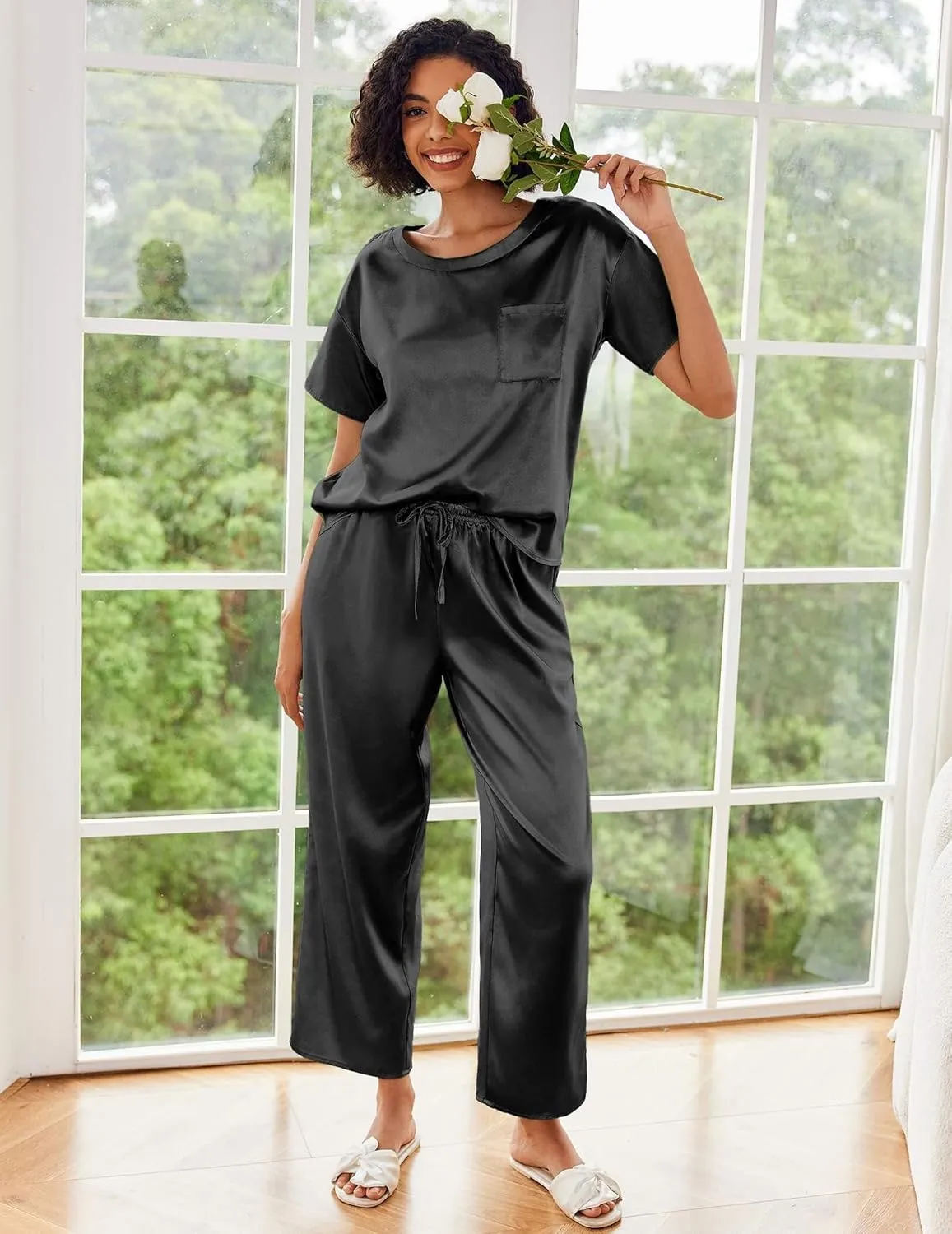 Ekouaer Womens Silk Pajamas Set Print Satin PJs Set Two Piece Pj Sets Sleepwear Loungewear Short Sleeve Lounge Set