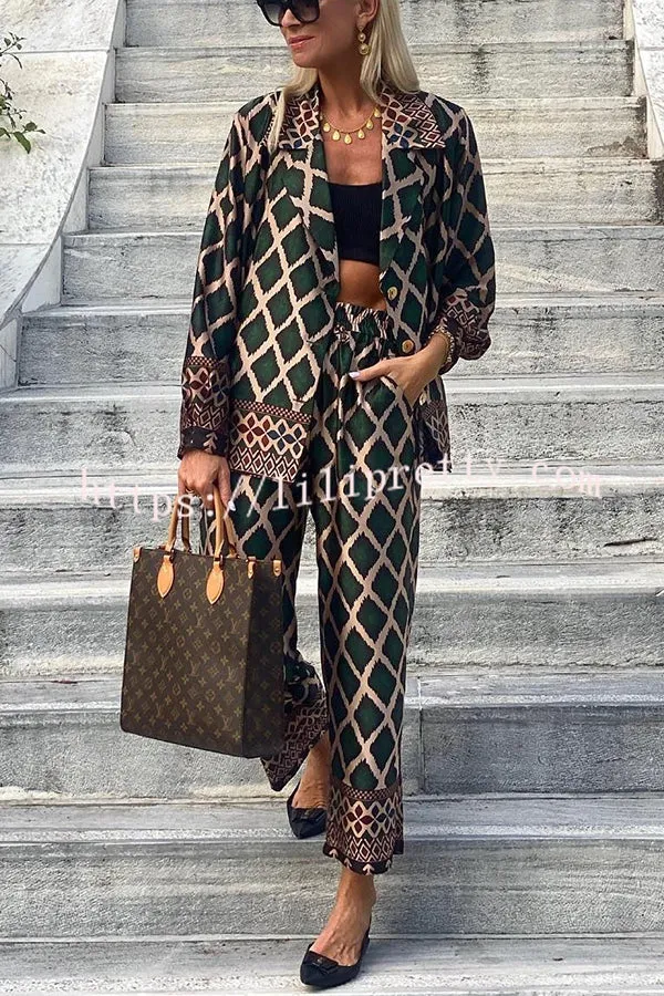 Falling for You Ethnic Geometric Print Lapel Button Lightweight Blazer