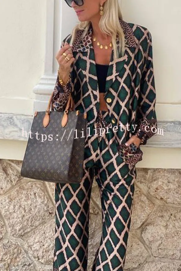 Falling for You Ethnic Geometric Print Lapel Button Lightweight Blazer