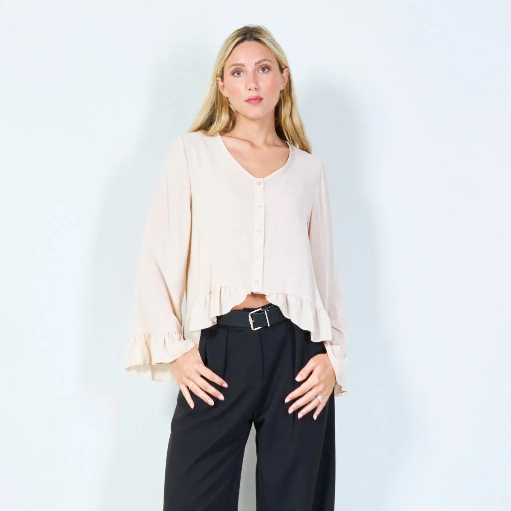 Flirty ruffle-hem button-up blouse wholesale