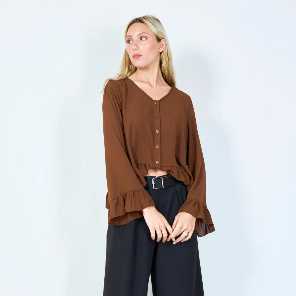 Flirty ruffle-hem button-up blouse wholesale