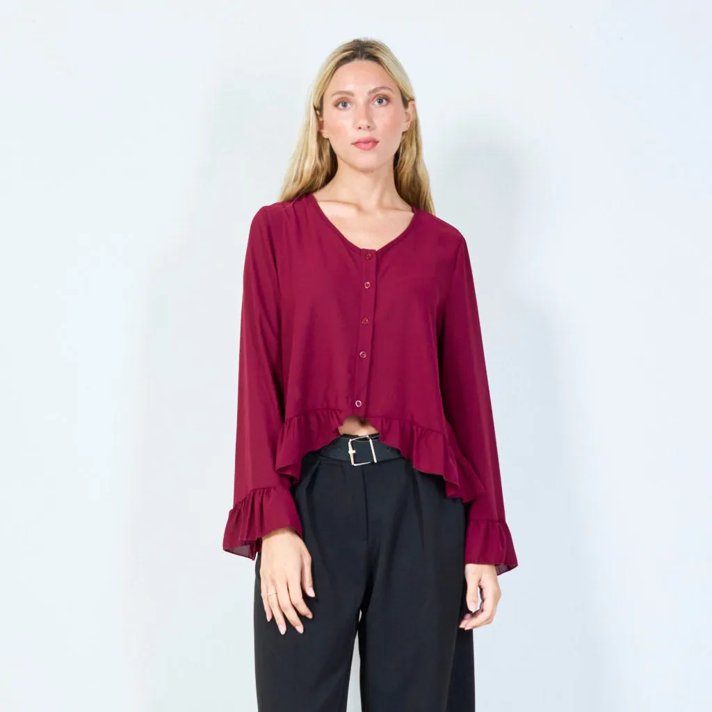 Flirty ruffle-hem button-up blouse wholesale