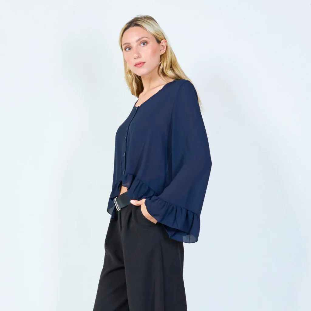 Flirty ruffle-hem button-up blouse wholesale