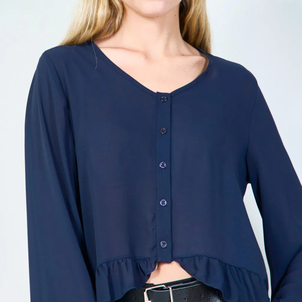 Flirty ruffle-hem button-up blouse wholesale