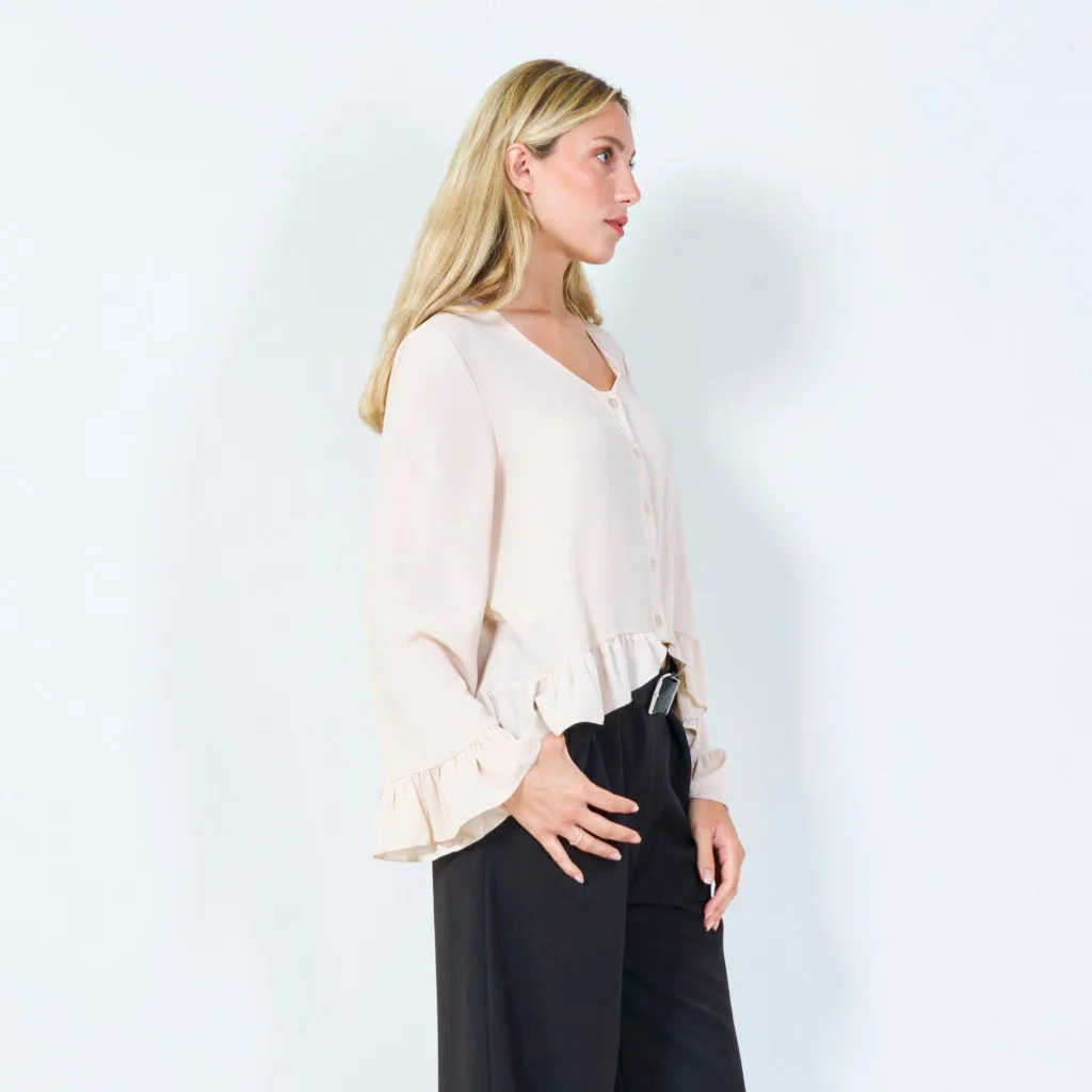 Flirty ruffle-hem button-up blouse wholesale