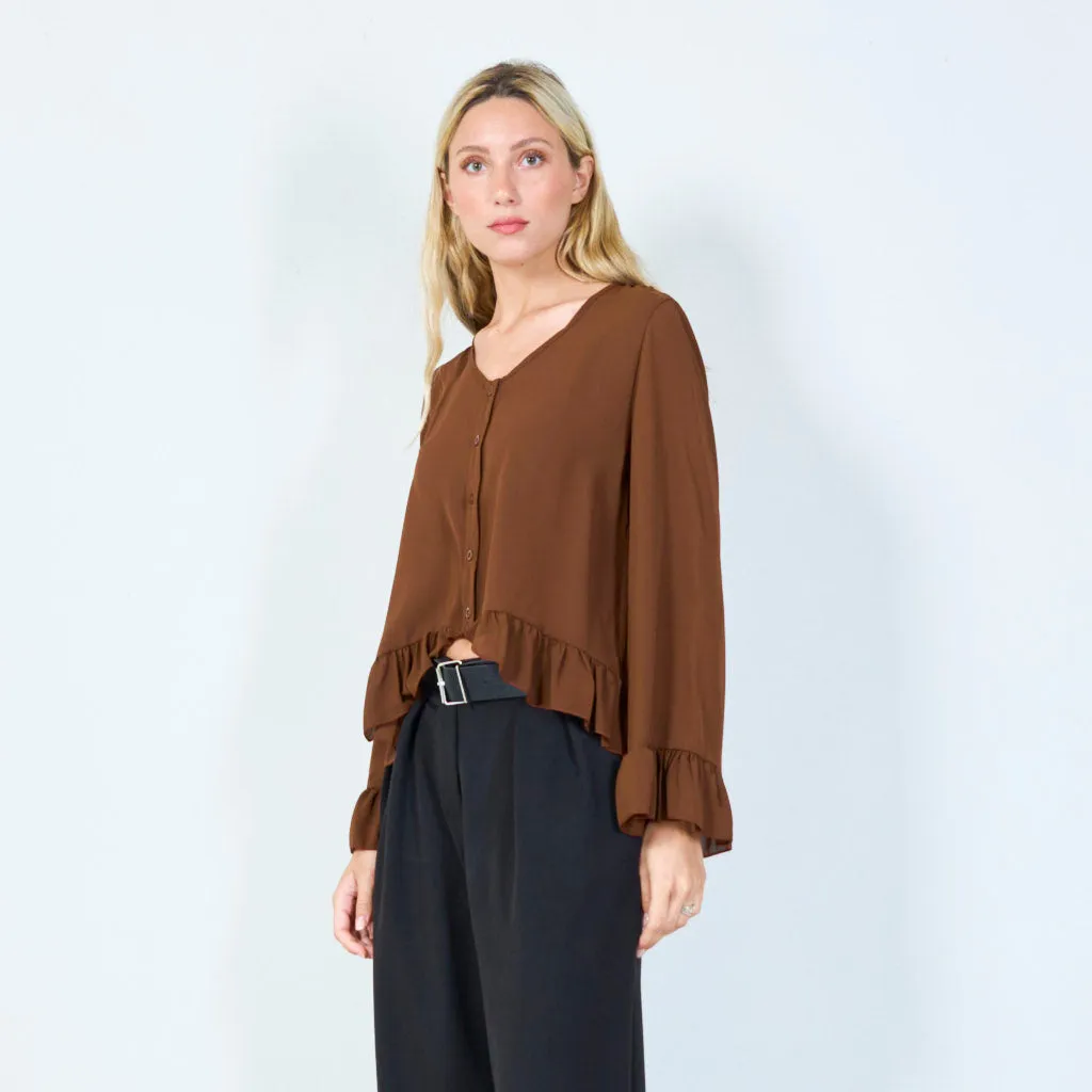 Flirty ruffle-hem button-up blouse wholesale