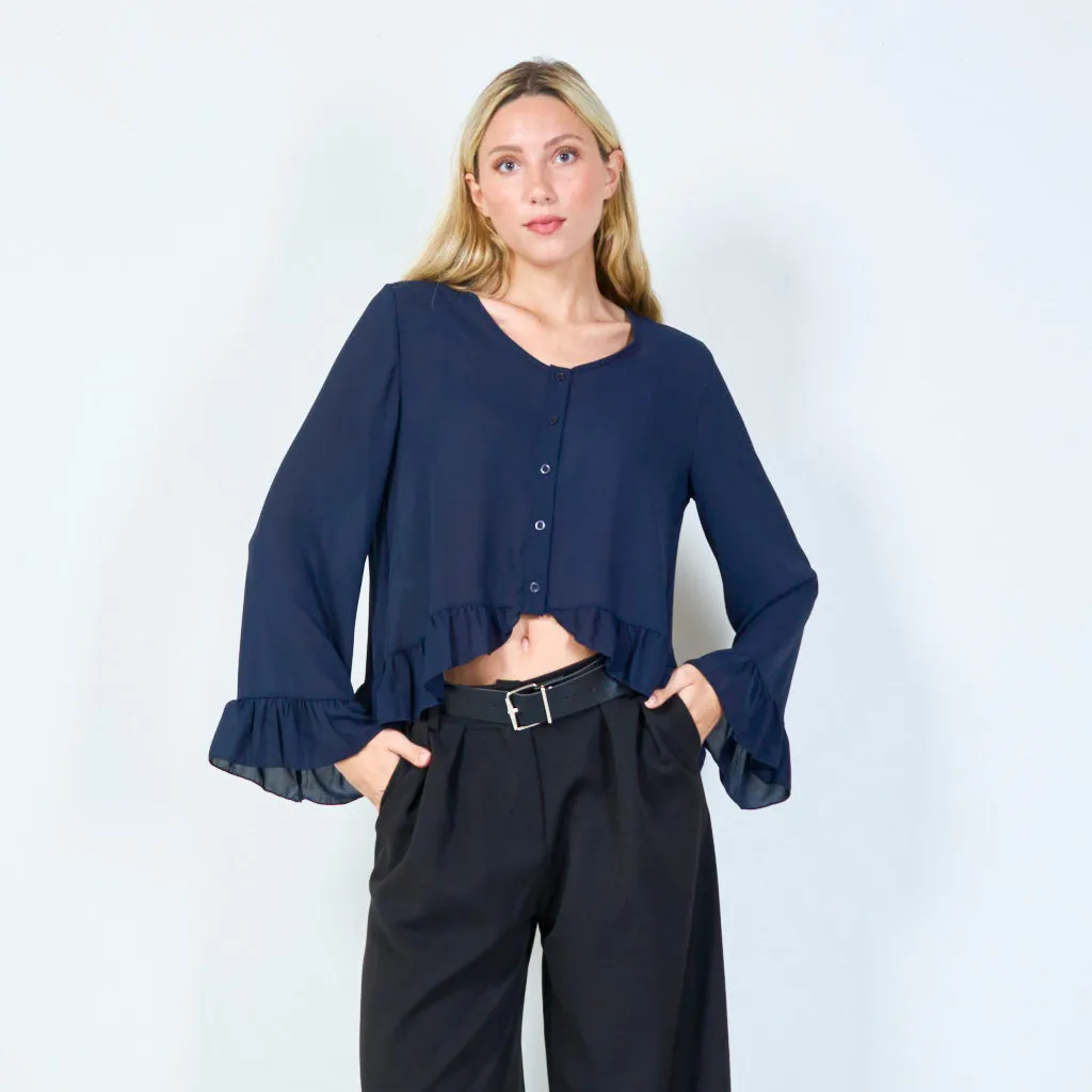 Flirty ruffle-hem button-up blouse wholesale