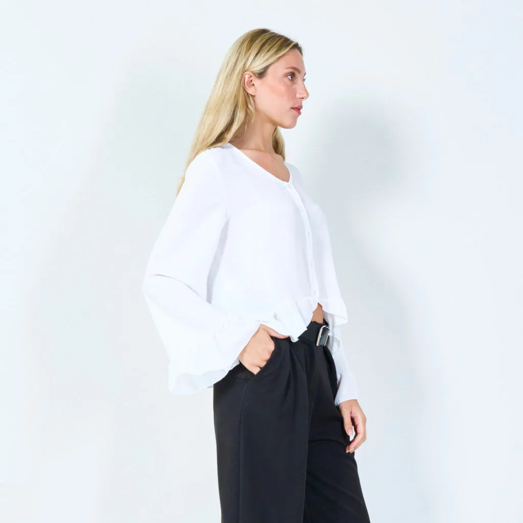 Flirty ruffle-hem button-up blouse wholesale