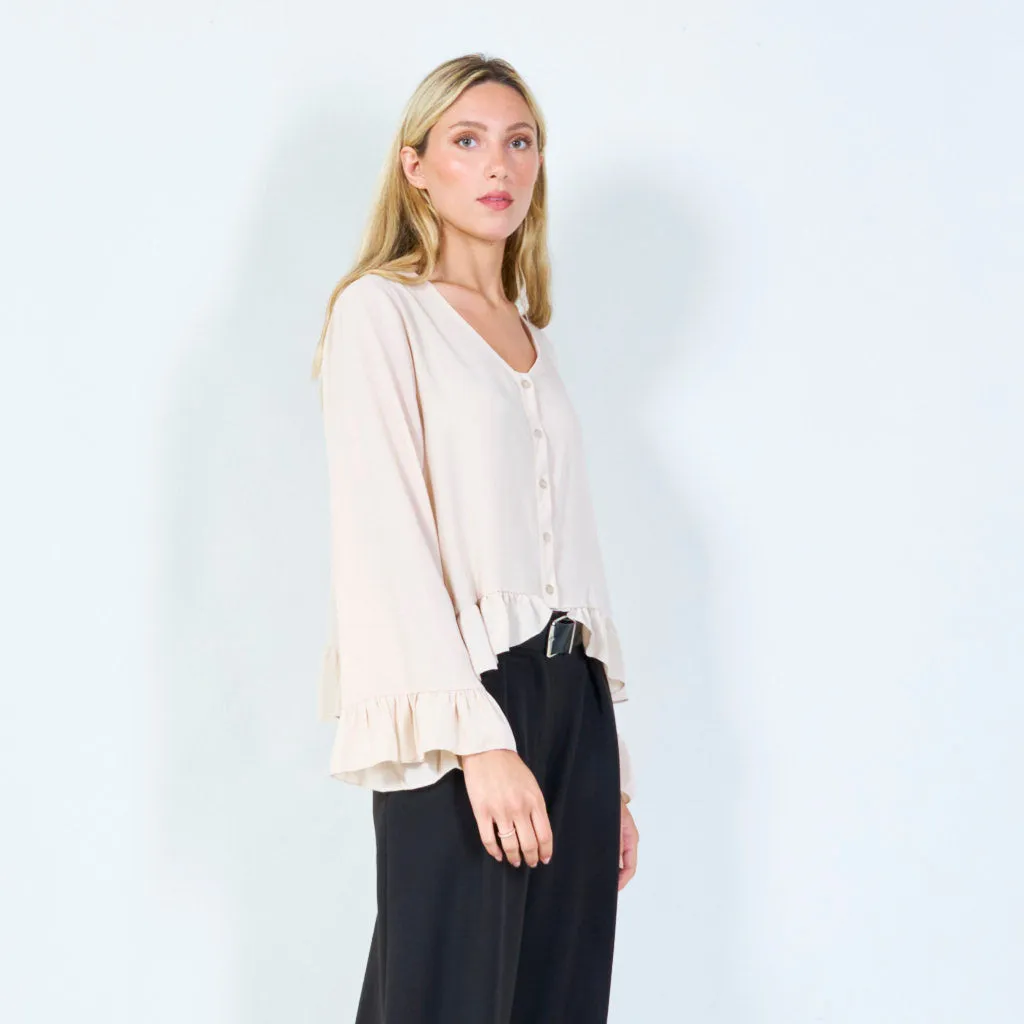 Flirty ruffle-hem button-up blouse wholesale
