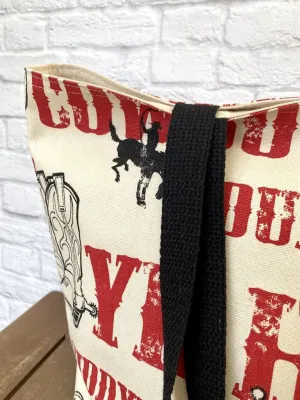 Foldable Travel Tote Grocery Bag Market Shopper Baby Bag Beach Tote Red Cowboy Western Text Print
