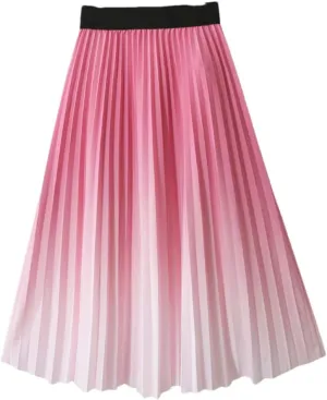 Gradient Midi Skirt Women Summer Vintage Casual A Line High Waist Pleated Long Skirt