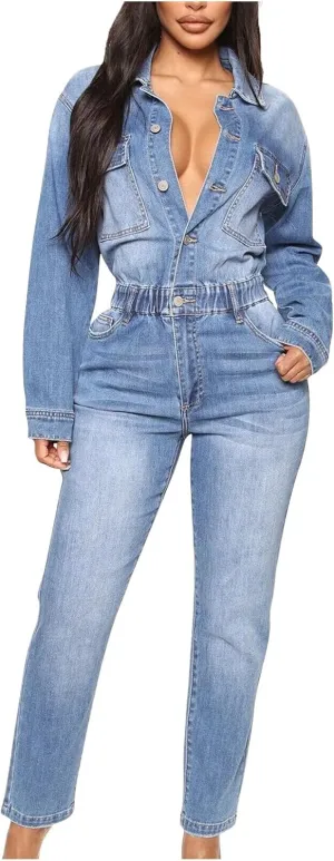 hlysgo Women's Sexy Button Down Slim Fit V Neck Long Sleeve Denim Jumpsuit Fashion Lapel Full Length Jeans Rompers Overalls