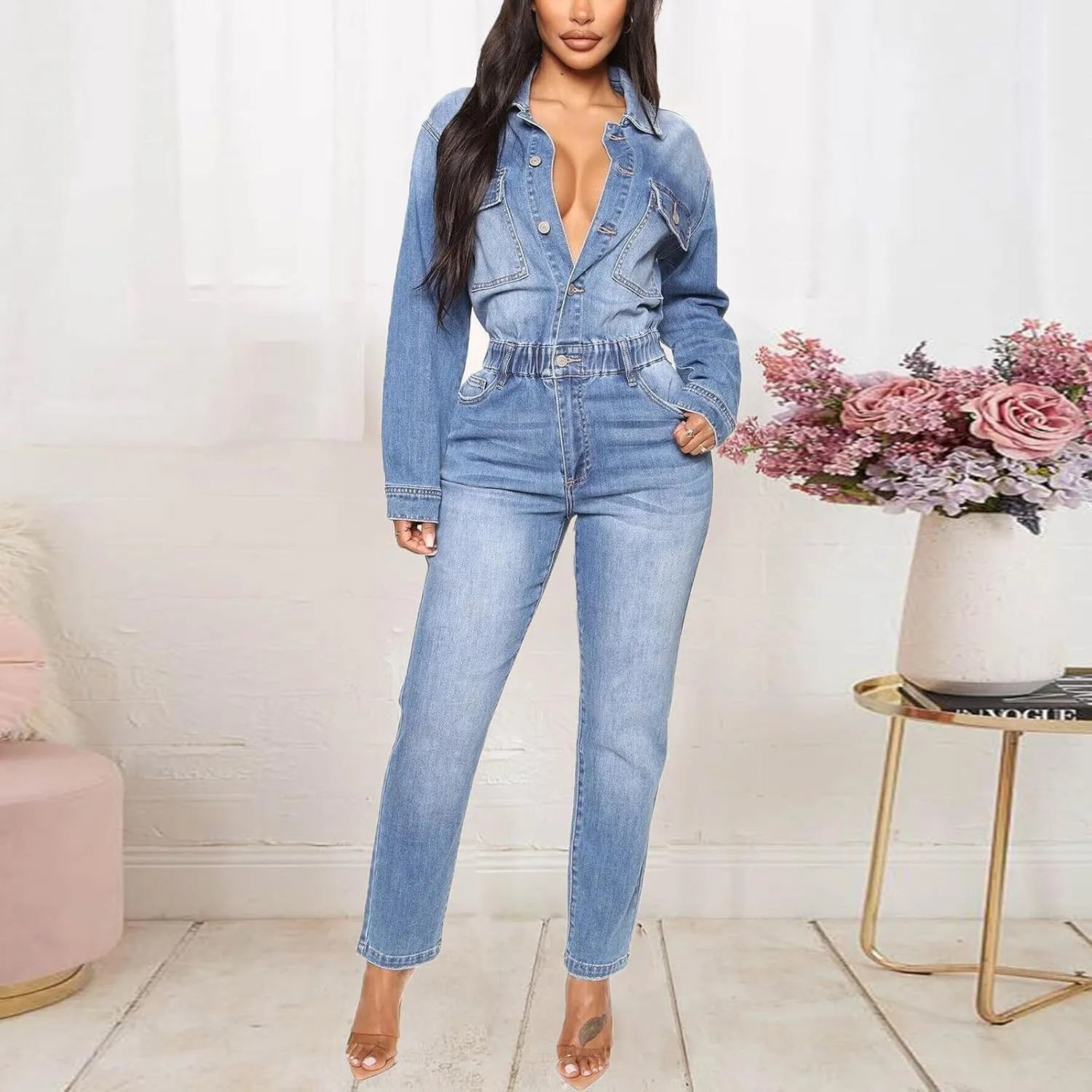 hlysgo Women's Sexy Button Down Slim Fit V Neck Long Sleeve Denim Jumpsuit Fashion Lapel Full Length Jeans Rompers Overalls