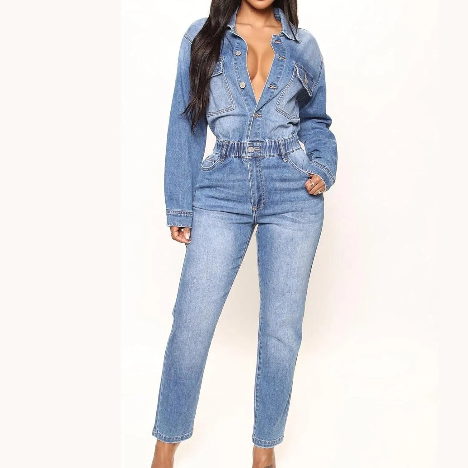 hlysgo Women's Sexy Button Down Slim Fit V Neck Long Sleeve Denim Jumpsuit Fashion Lapel Full Length Jeans Rompers Overalls