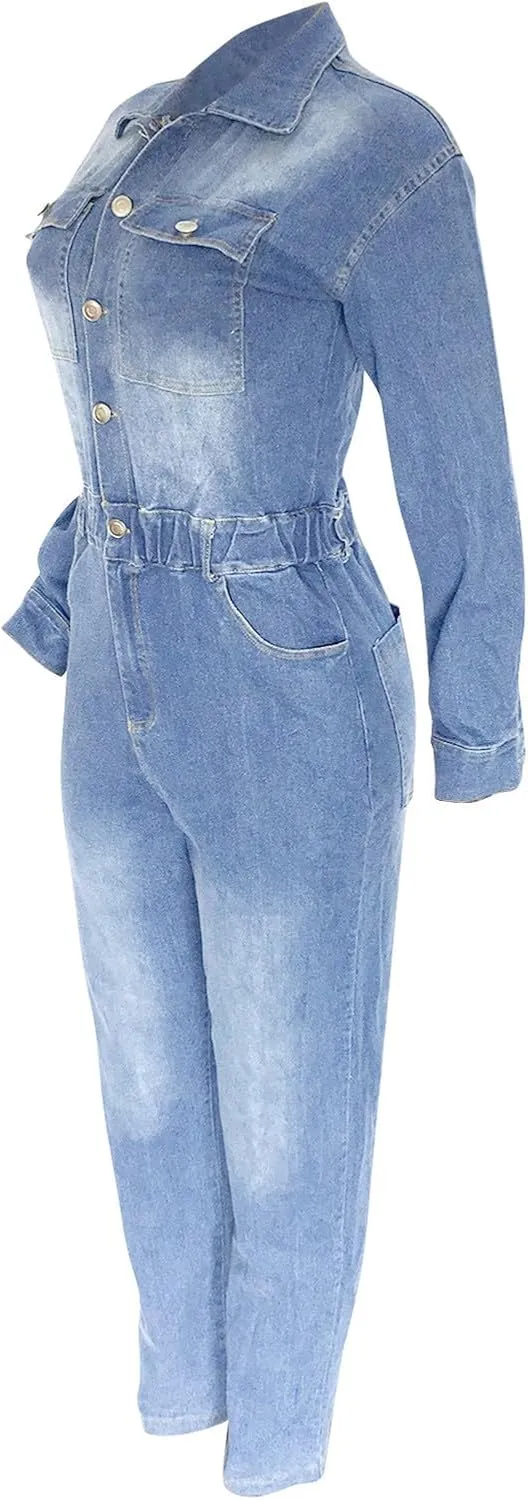 hlysgo Women's Sexy Button Down Slim Fit V Neck Long Sleeve Denim Jumpsuit Fashion Lapel Full Length Jeans Rompers Overalls