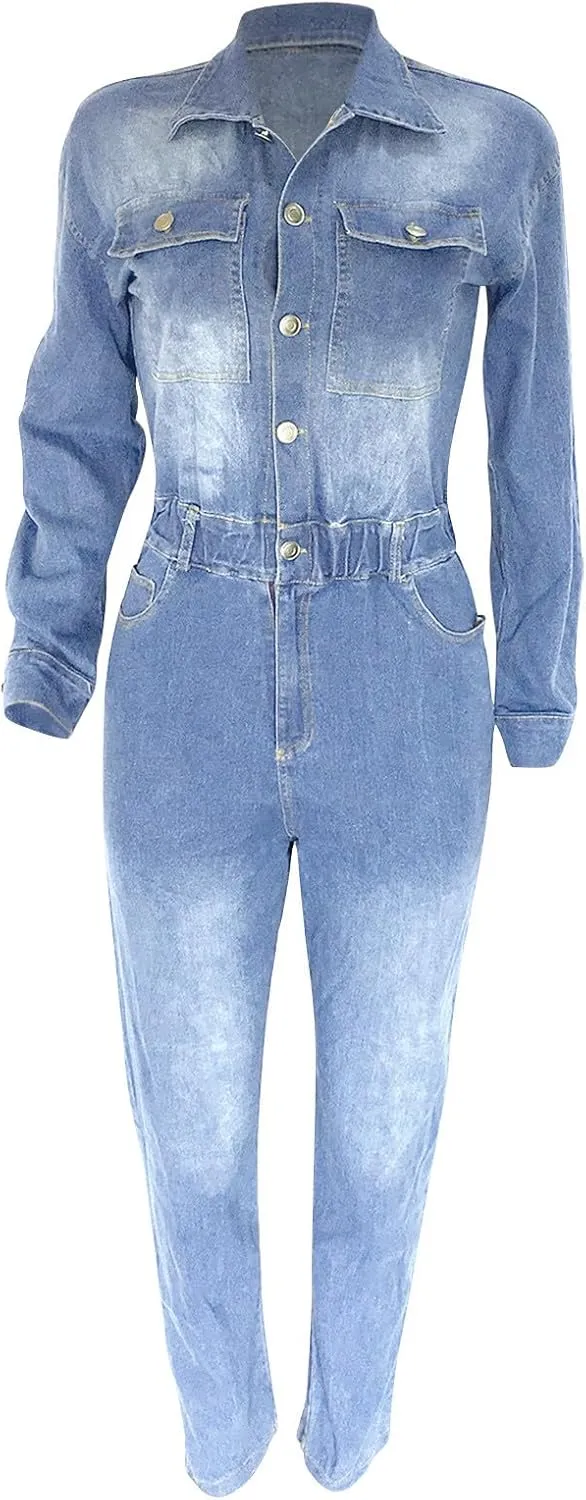 hlysgo Women's Sexy Button Down Slim Fit V Neck Long Sleeve Denim Jumpsuit Fashion Lapel Full Length Jeans Rompers Overalls