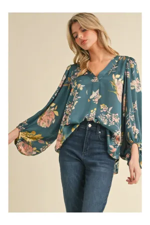Jodifl Satin Floral Print Blouse With Bubble Sleeves In Teal