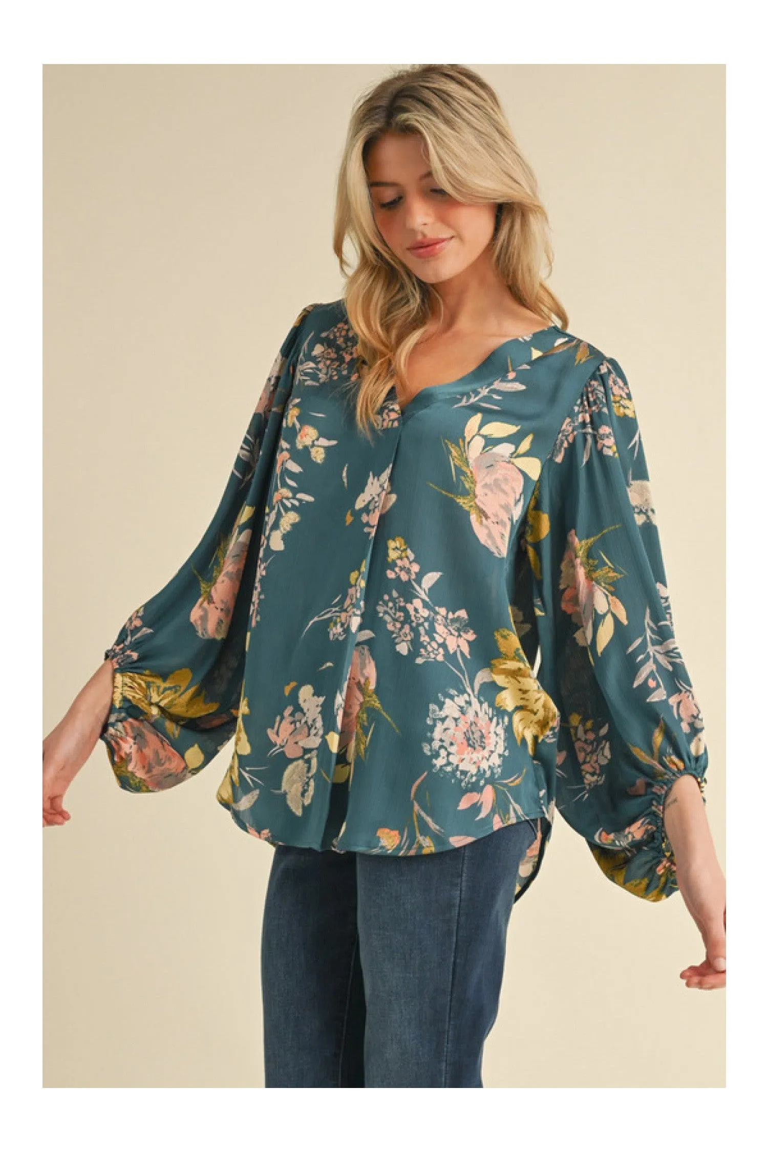 Jodifl Satin Floral Print Blouse With Bubble Sleeves In Teal