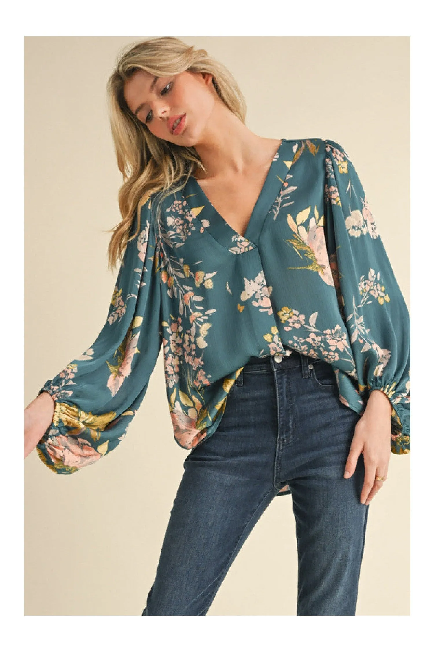 Jodifl Satin Floral Print Blouse With Bubble Sleeves In Teal