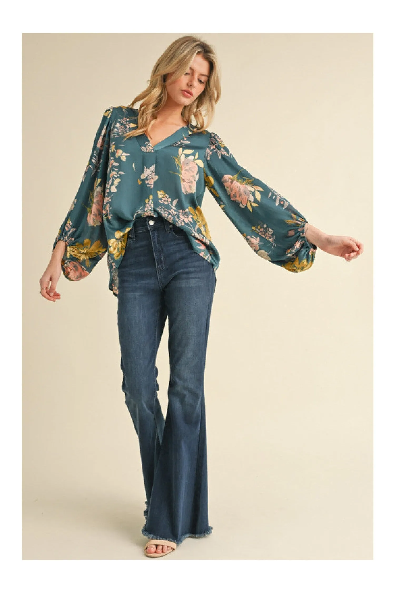 Jodifl Satin Floral Print Blouse With Bubble Sleeves In Teal