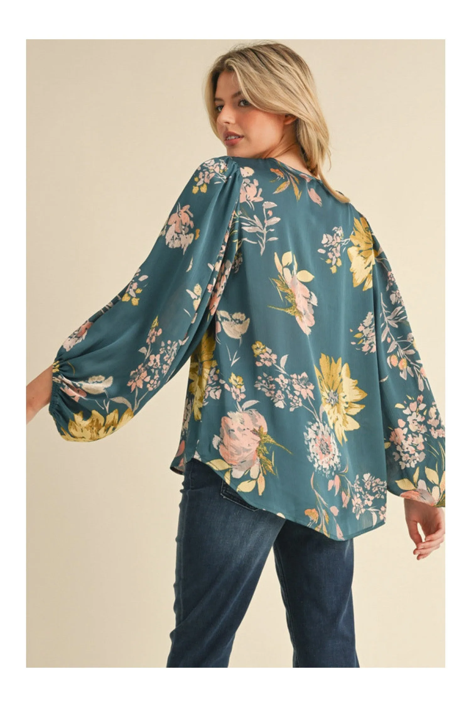 Jodifl Satin Floral Print Blouse With Bubble Sleeves In Teal