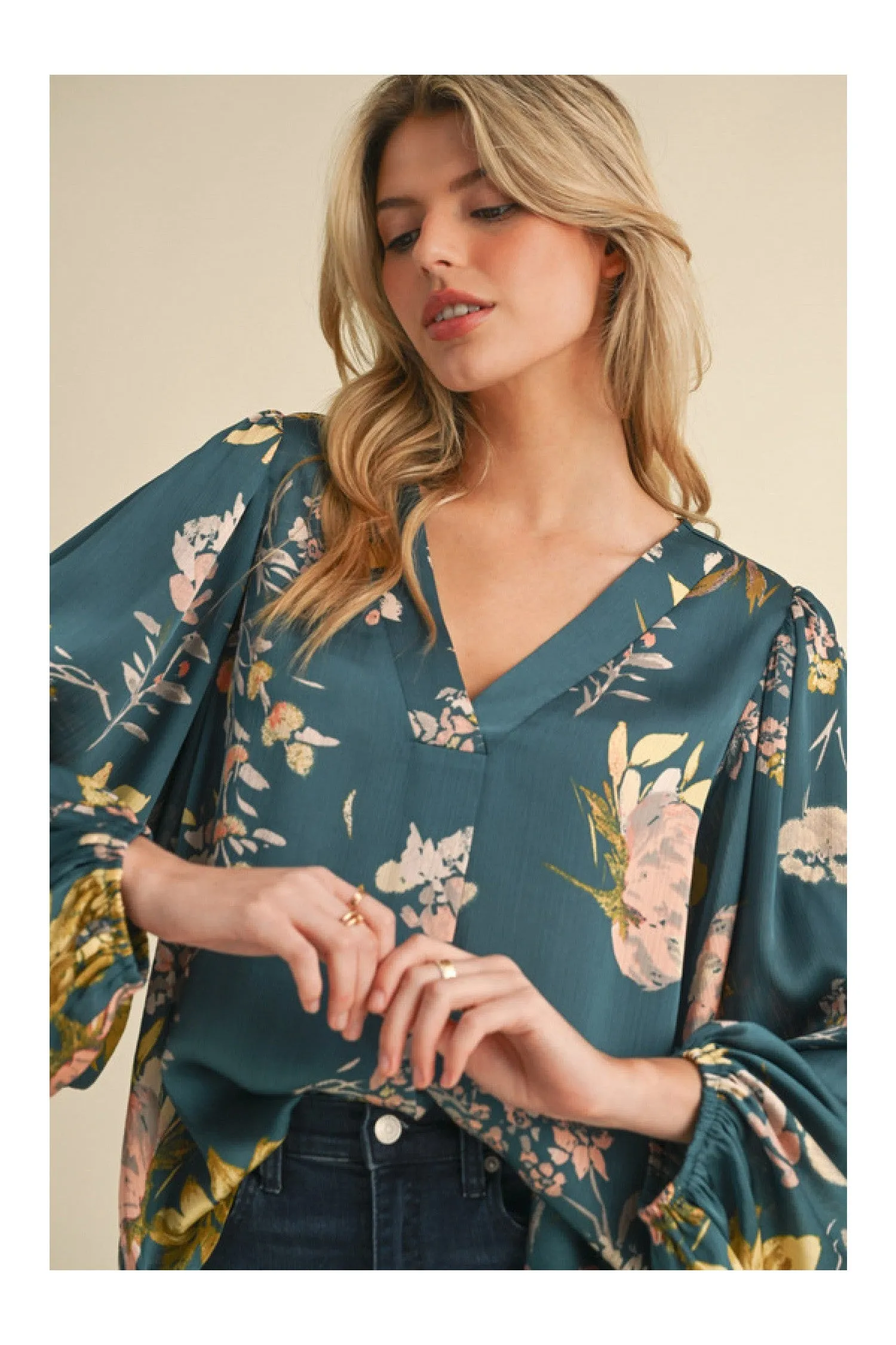 Jodifl Satin Floral Print Blouse With Bubble Sleeves In Teal