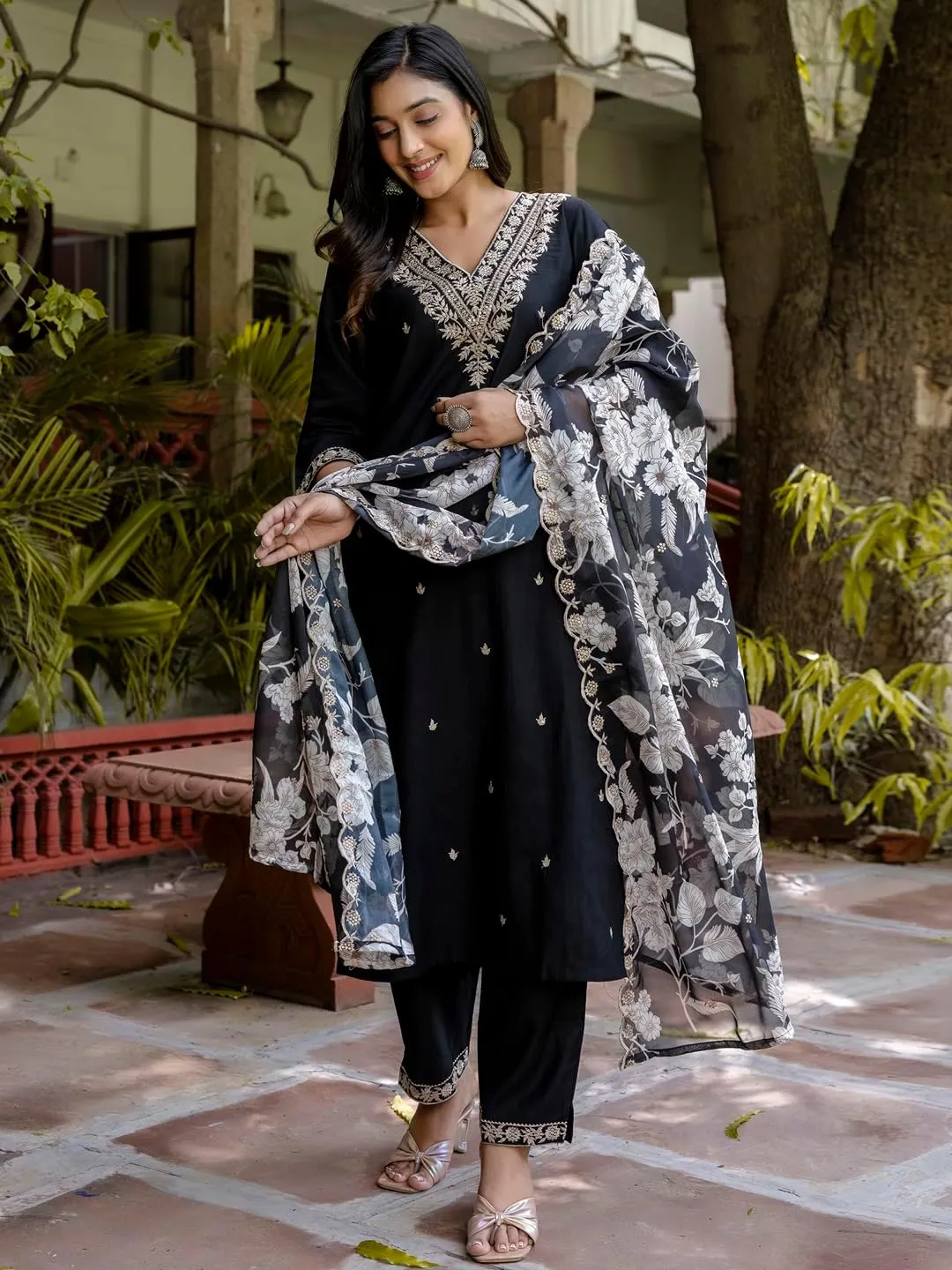 Kurta Set with Dupatta | Embroidered Viscose Rayon Kurta Pant Set for Women