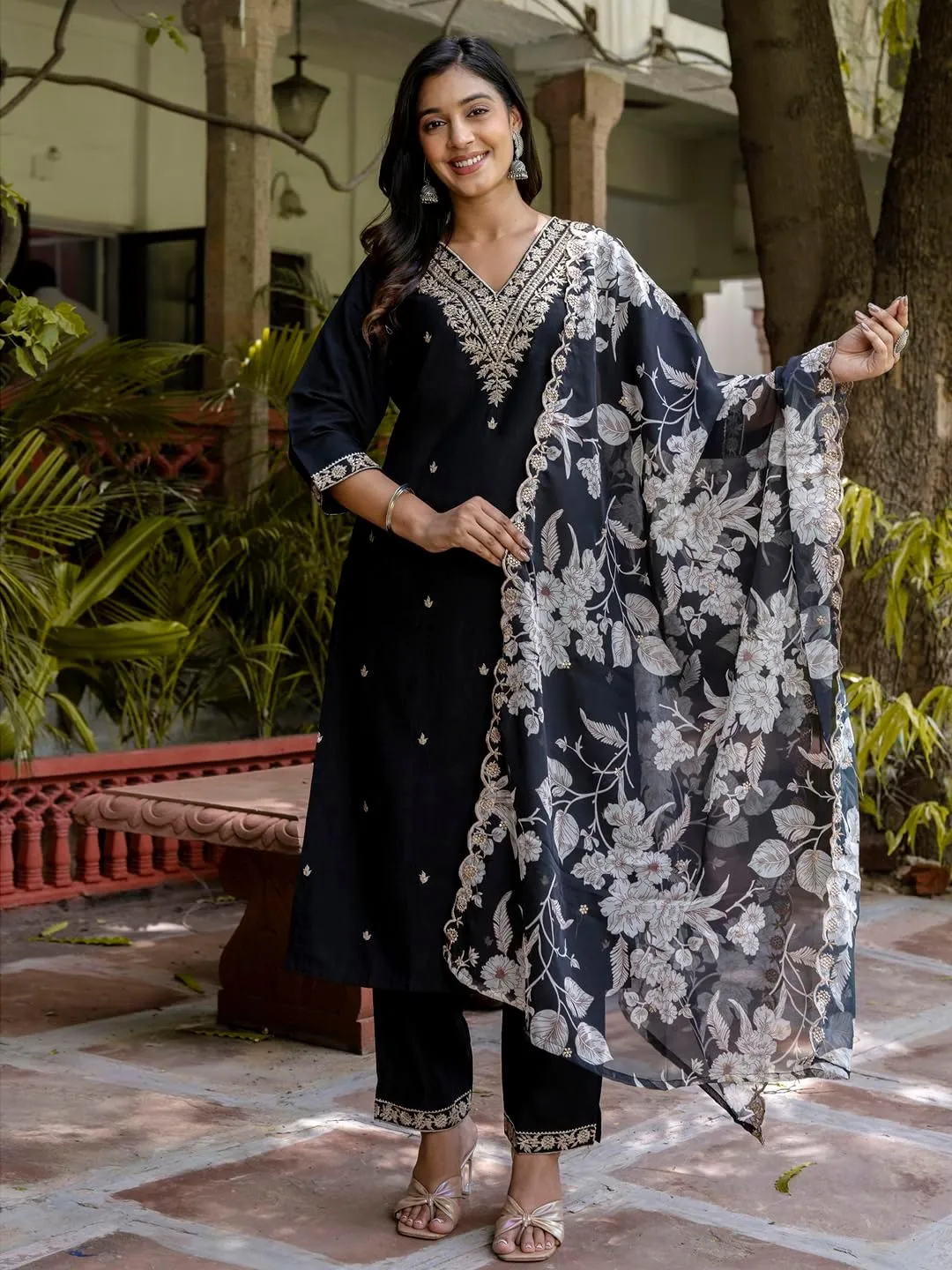 Kurta Set with Dupatta | Embroidered Viscose Rayon Kurta Pant Set for Women