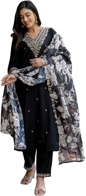 Kurta Set with Dupatta | Embroidered Viscose Rayon Kurta Pant Set for Women