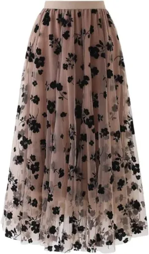 LA12ST Women 3D Posy Double-Layered Skirt Elastic Waist Floral Print Mesh A-Line Midi Skirt