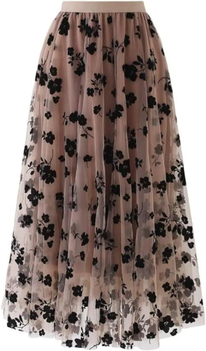 LA12ST Women 3D Posy Double-Layered Skirt Elastic Waist Floral Print Mesh A-Line Midi Skirt