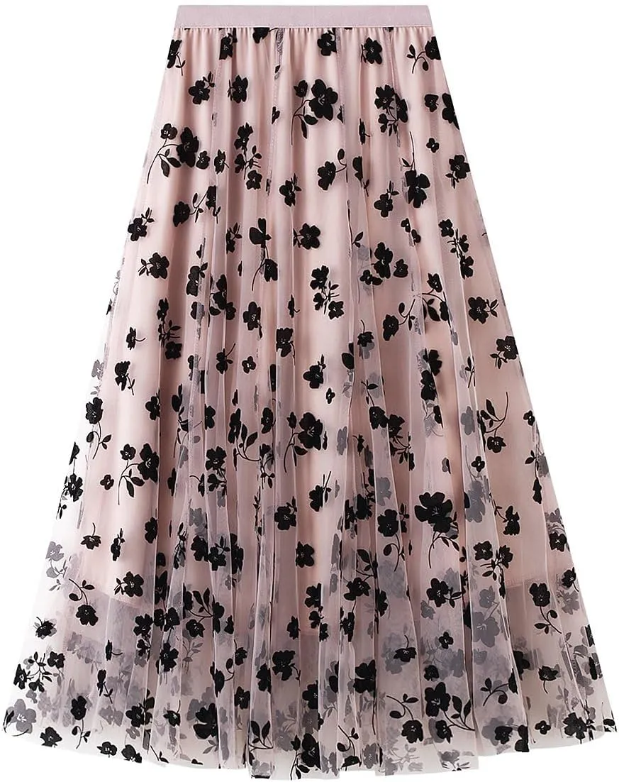 LA12ST Women 3D Posy Double-Layered Skirt Elastic Waist Floral Print Mesh A-Line Midi Skirt