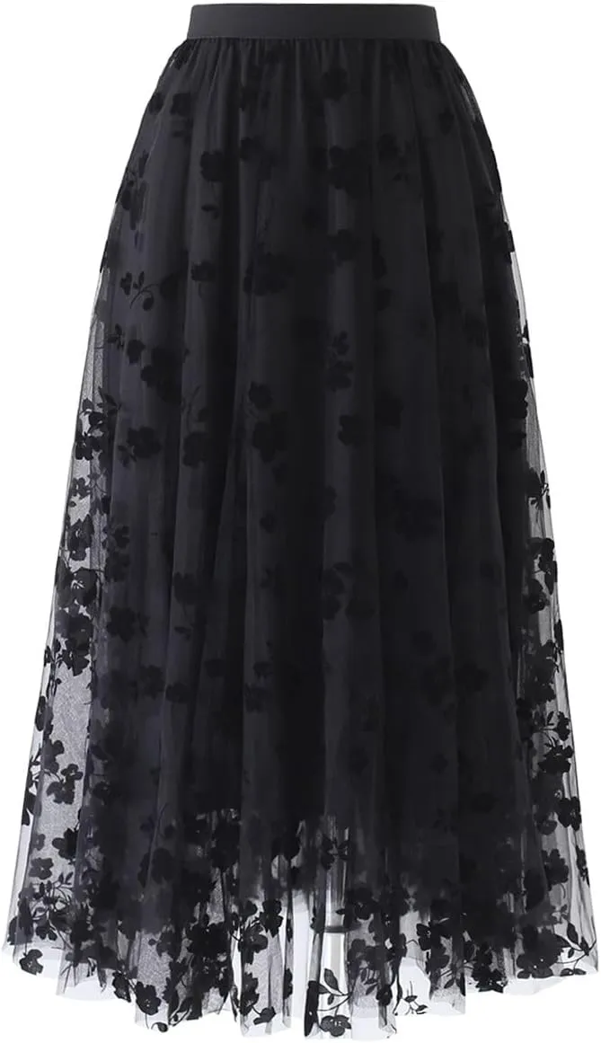 LA12ST Women 3D Posy Double-Layered Skirt Elastic Waist Floral Print Mesh A-Line Midi Skirt