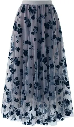 LA12ST Women 3D Posy Double-Layered Skirt Elastic Waist Floral Print Mesh A-Line Midi Skirt