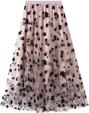 LA12ST Women 3D Posy Double-Layered Skirt Elastic Waist Floral Print Mesh A-Line Midi Skirt