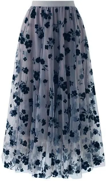 LA12ST Women 3D Posy Double-Layered Skirt Elastic Waist Floral Print Mesh A-Line Midi Skirt