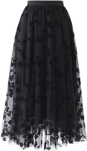 LA12ST Women 3D Posy Double-Layered Skirt Elastic Waist Floral Print Mesh A-Line Midi Skirt
