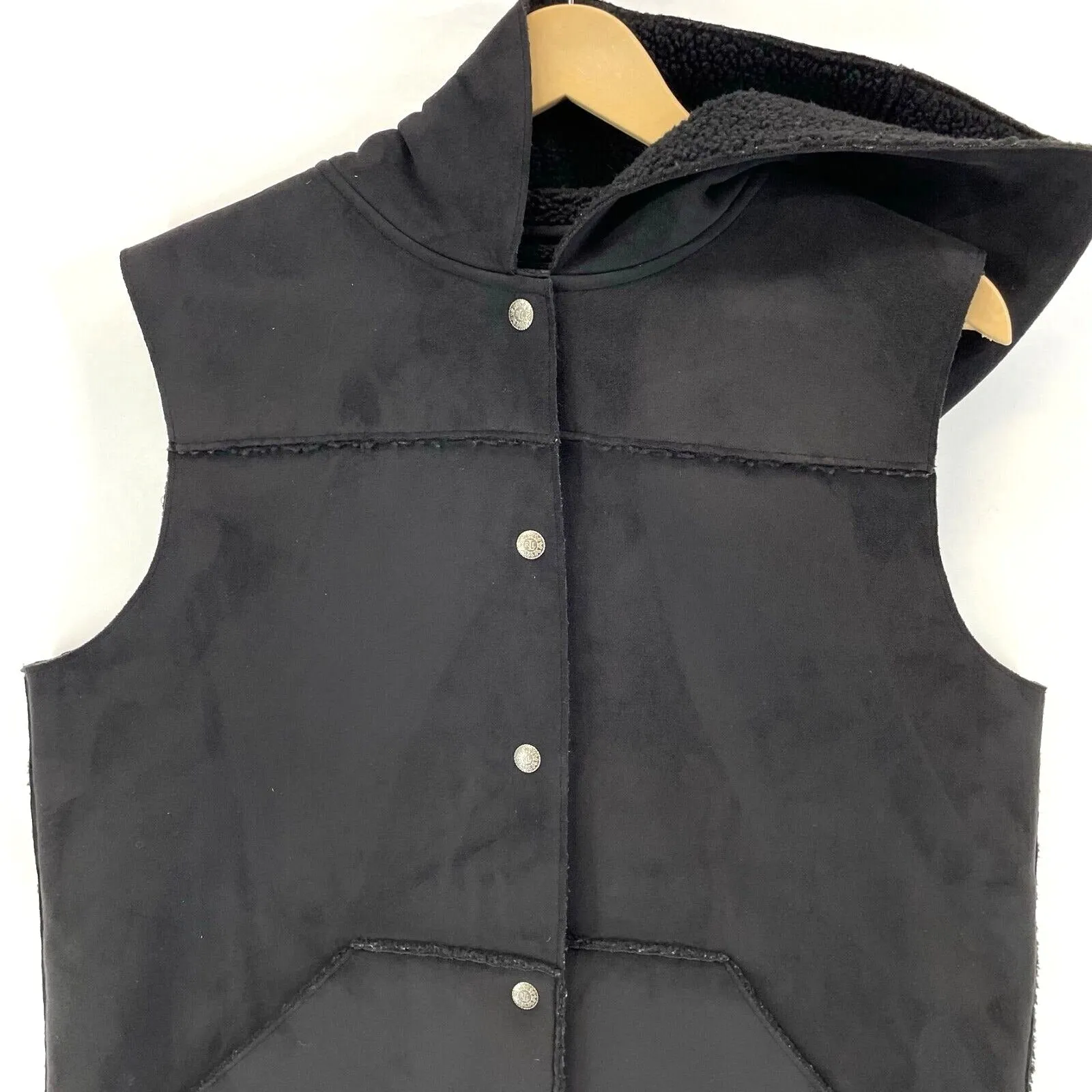 Lauren Ralph Lauren Women's Faux Sherling Vest Hooded Sherpa Lined Black Size L