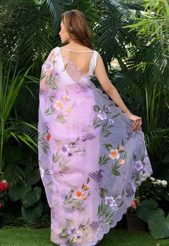 Lavender Floral Print Organza Saree