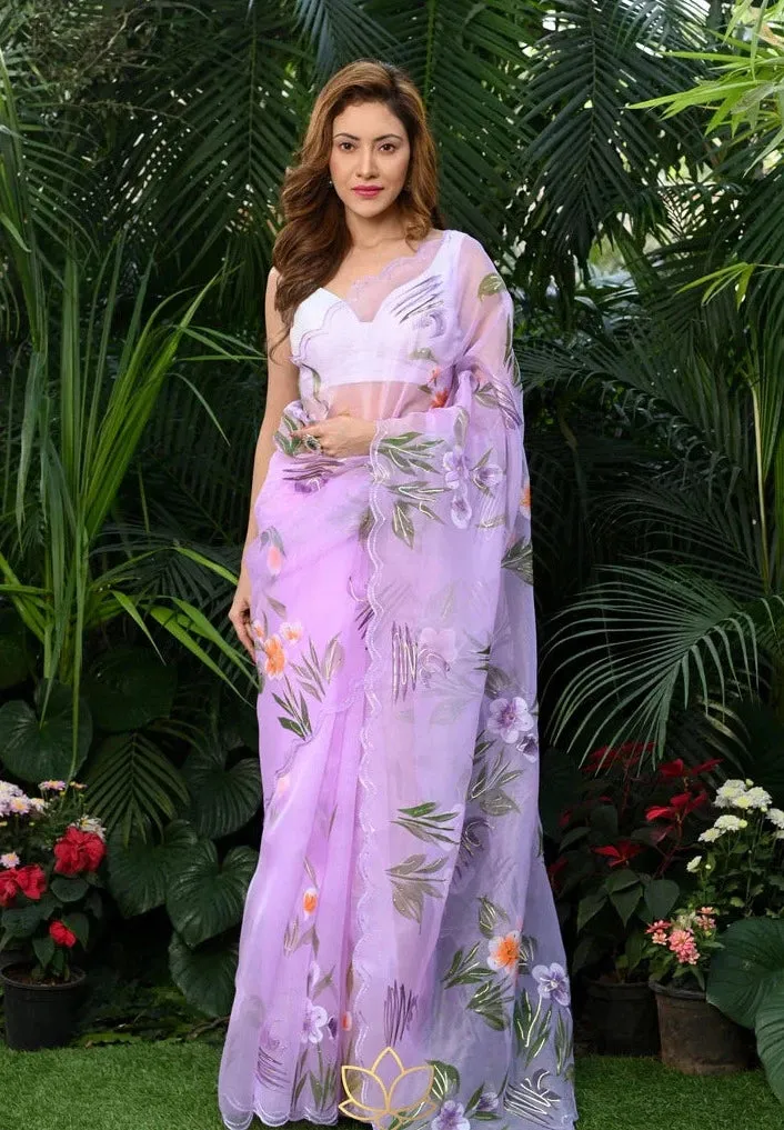 Lavender Floral Print Organza Saree