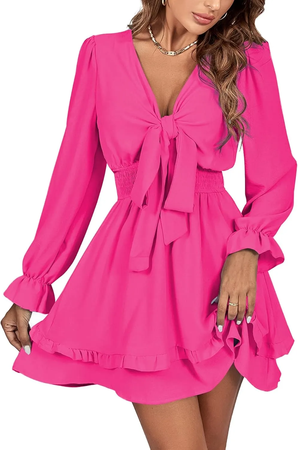 LYANER Women's Tie Front Plunge V Neck Ruffle Layer Long Sleeve Sexy Mini Dress