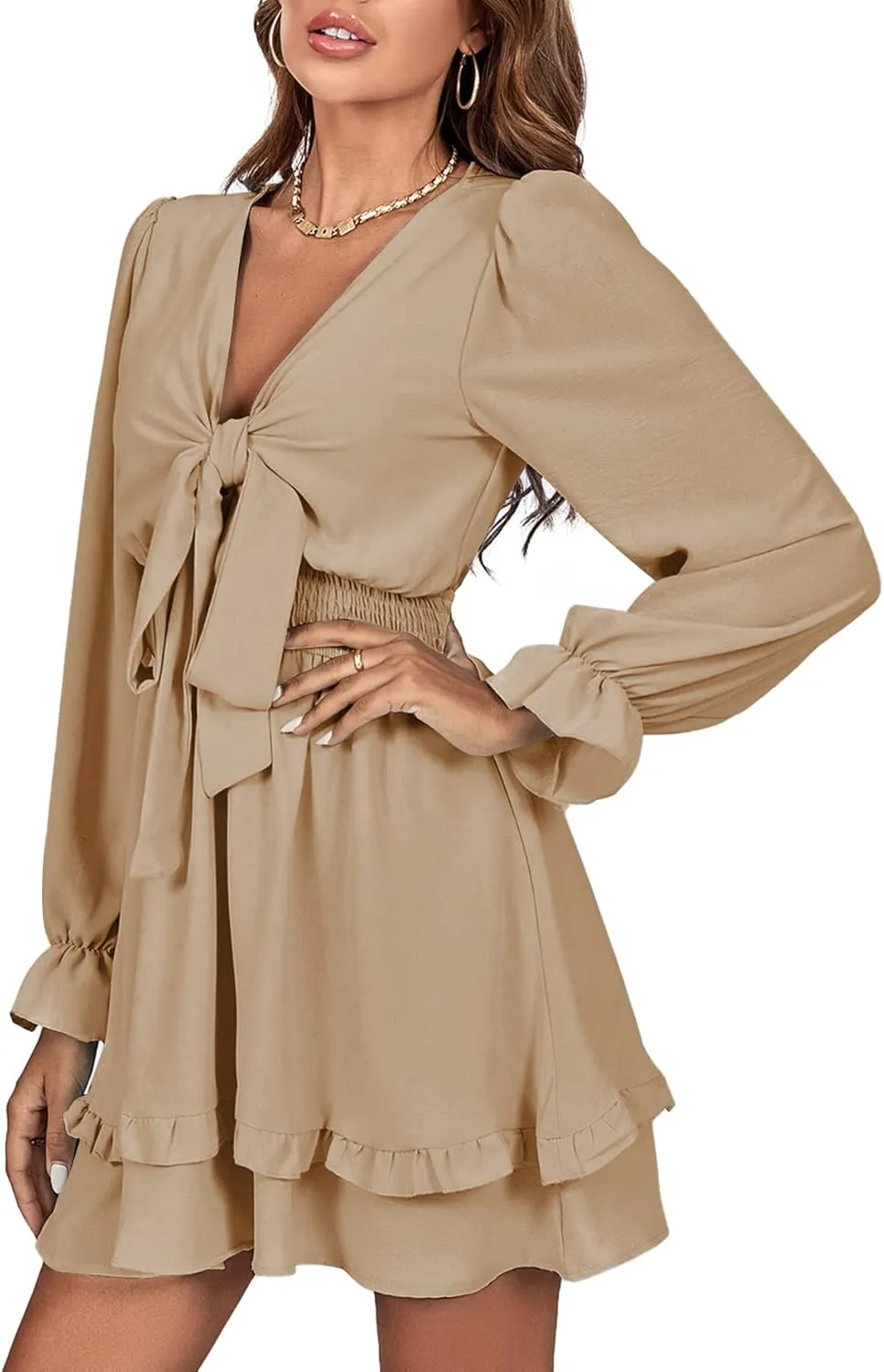 LYANER Women's Tie Front Plunge V Neck Ruffle Layer Long Sleeve Sexy Mini Dress