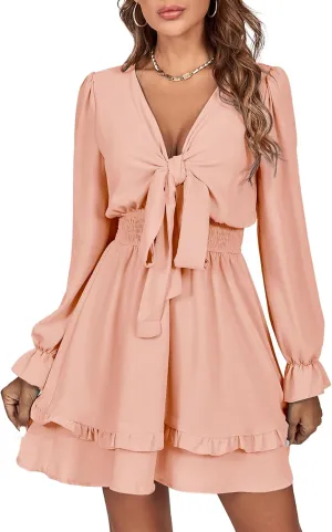 LYANER Women's Tie Front Plunge V Neck Ruffle Layer Long Sleeve Sexy Mini Dress