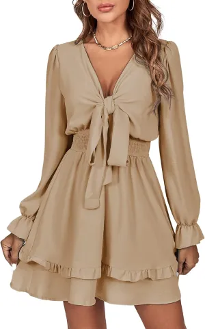LYANER Women's Tie Front Plunge V Neck Ruffle Layer Long Sleeve Sexy Mini Dress